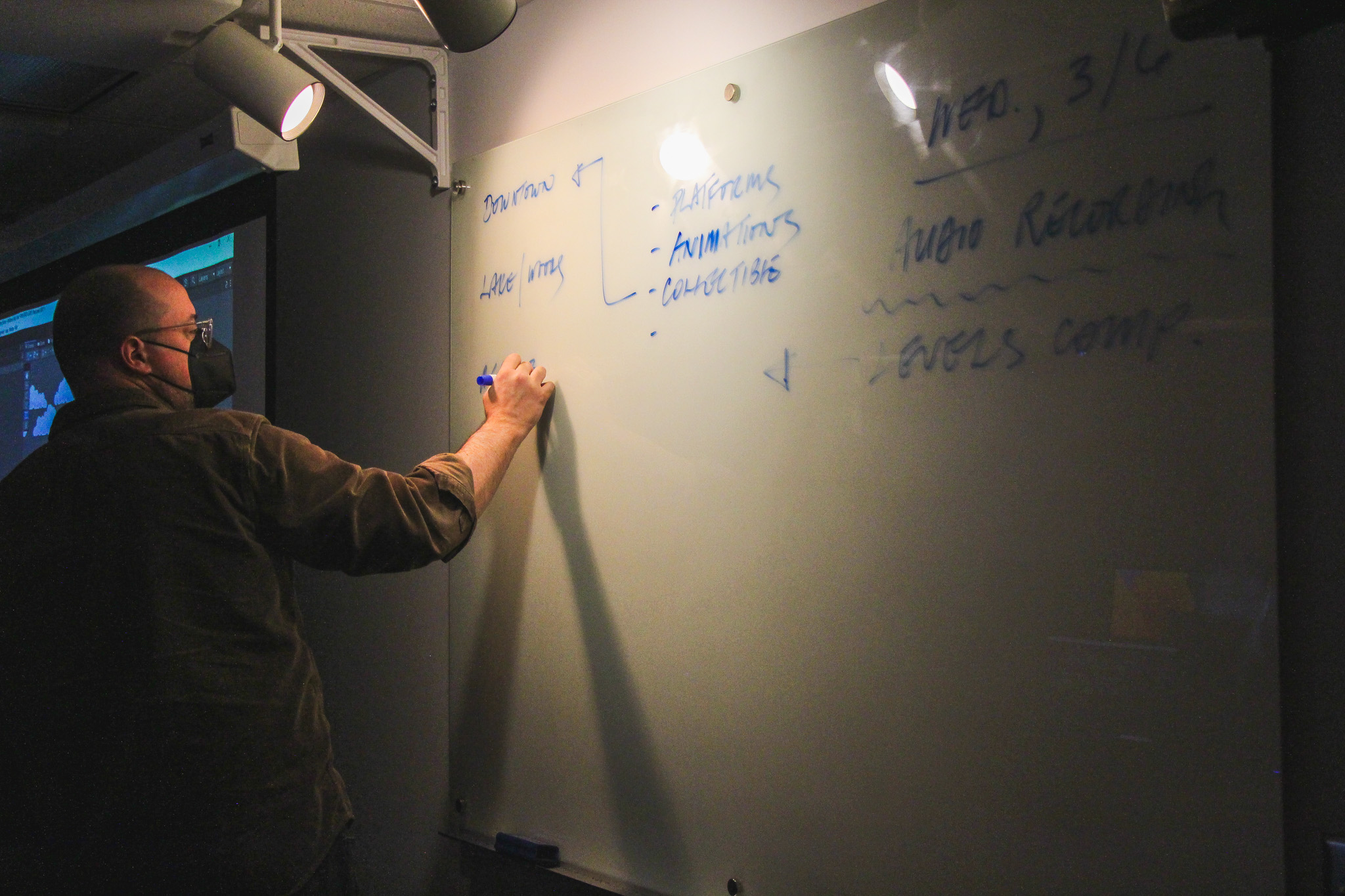 Professor Mercer writing instructions on the white board for his Introduction to Animation students.