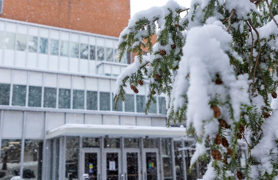 snow on campus at the student center