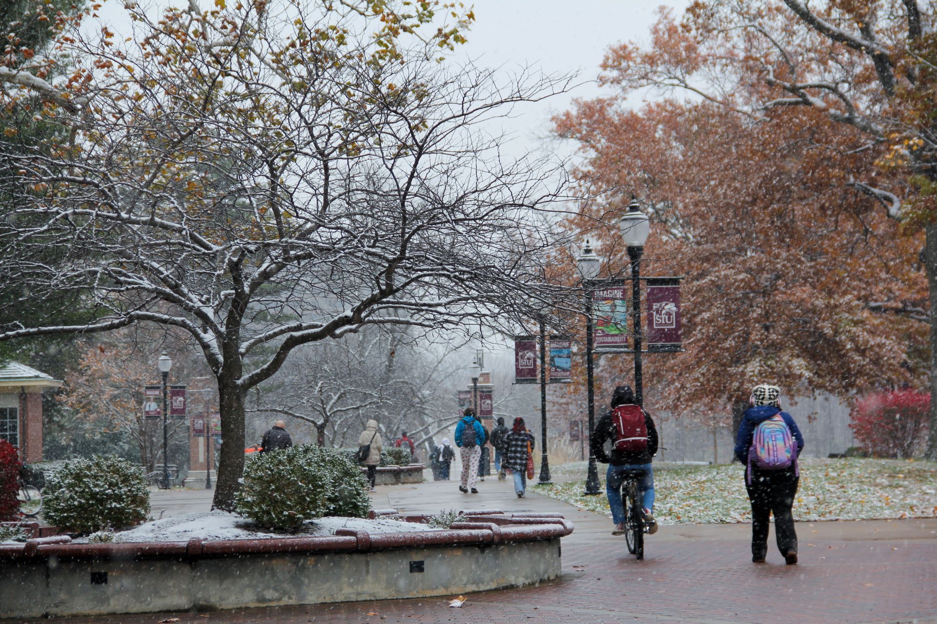 Students going to class in the winter.