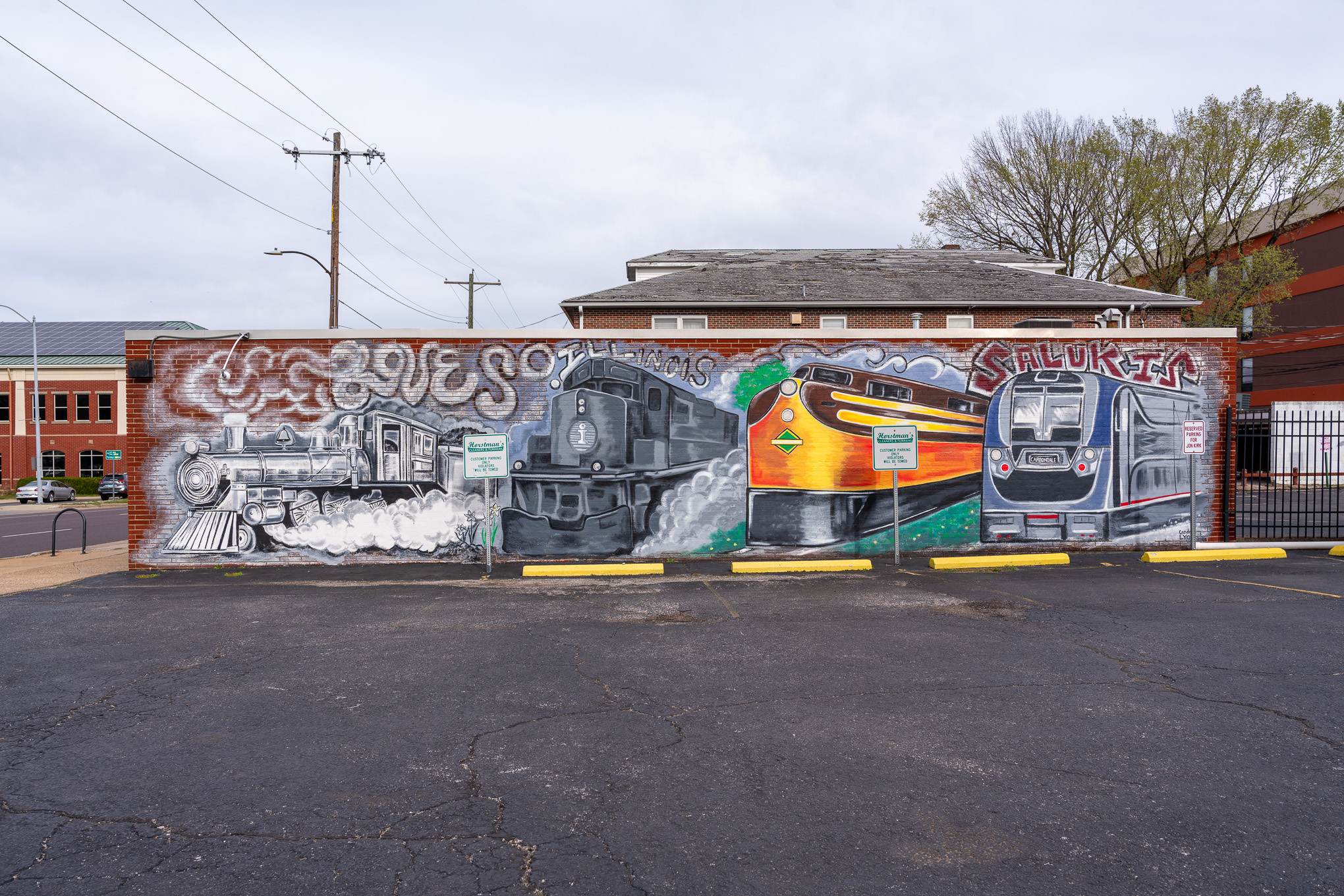 Mural of trains throughout Carbondale