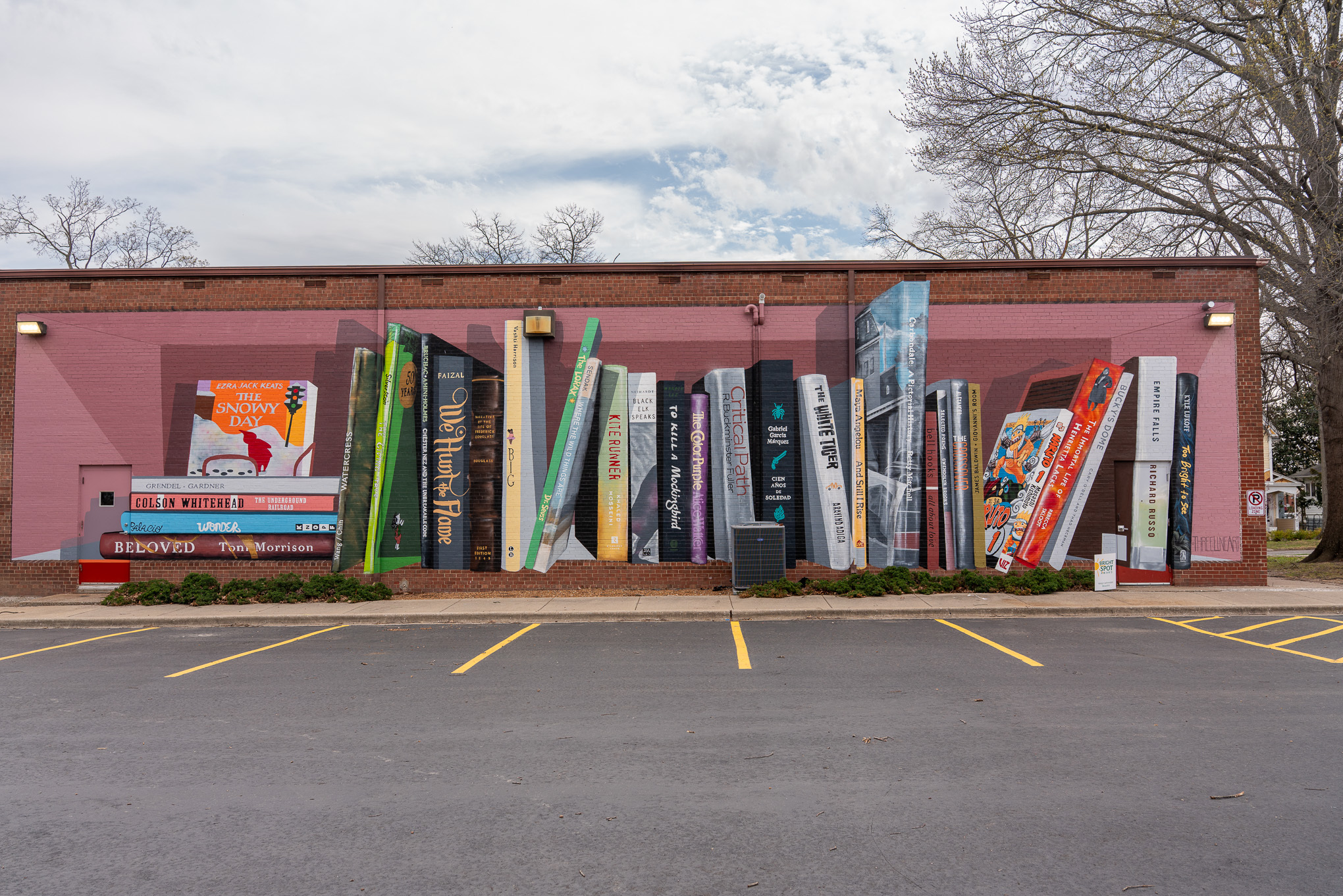 Mural of significant books that can be found at the library.
