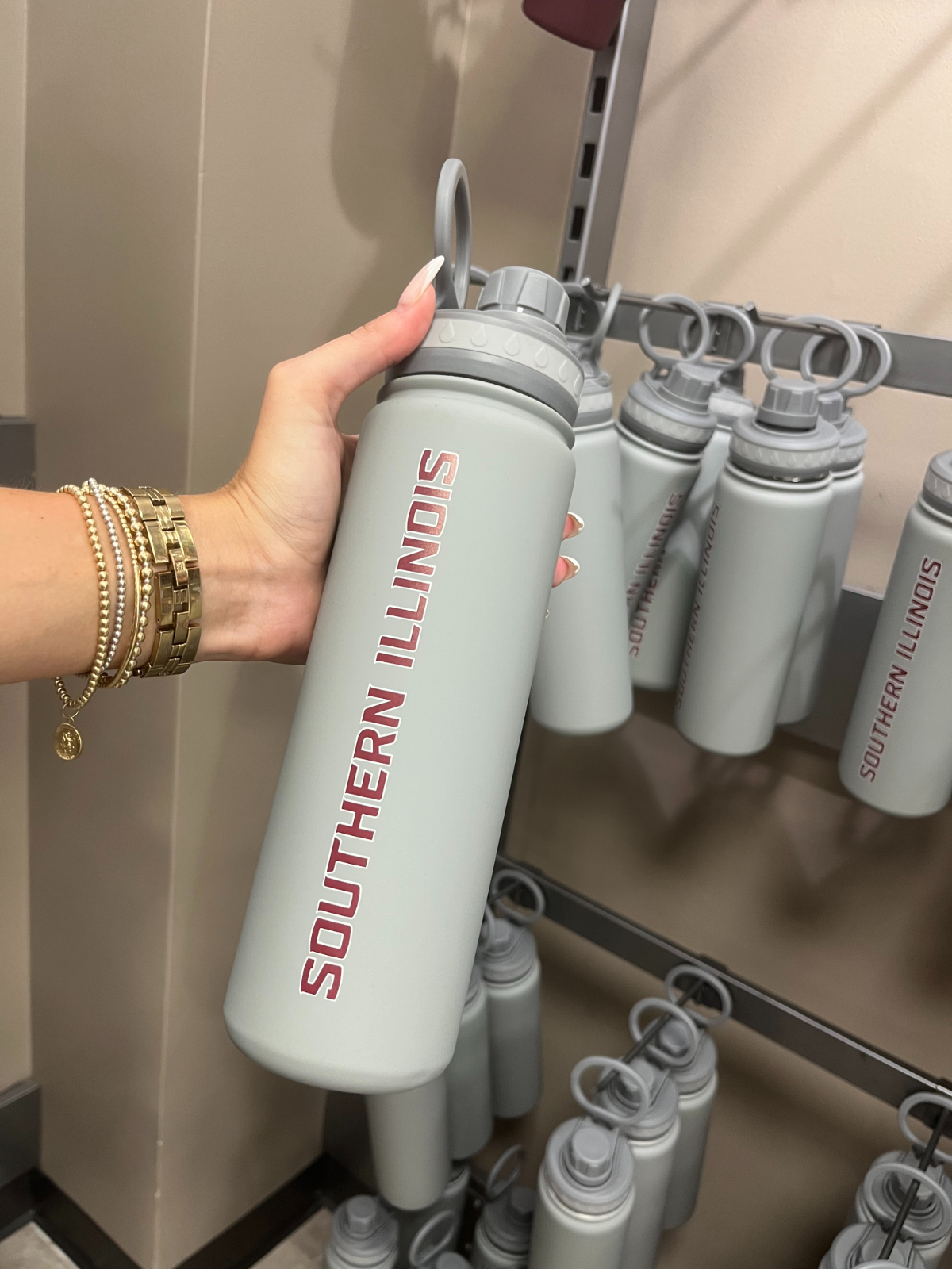 SIU water bottle that can be purchased at University Bookstore