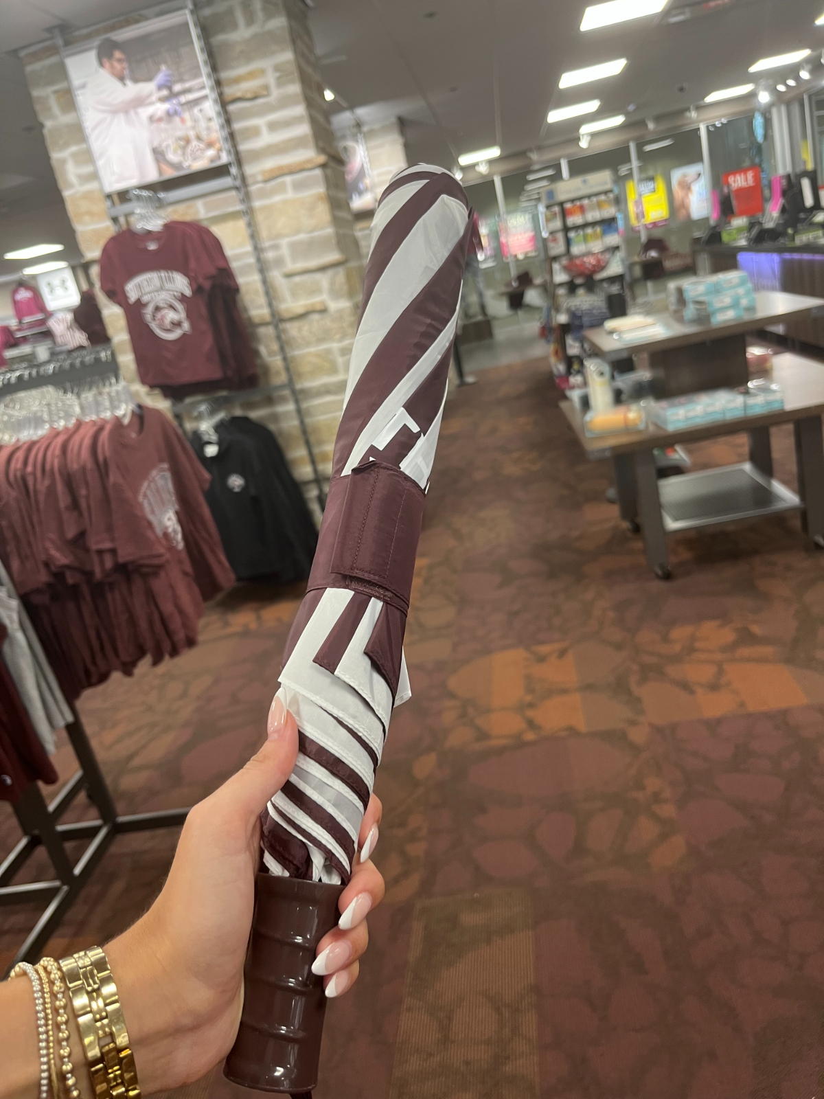 Maroon and white SIU umbrella at the University Bookstore
