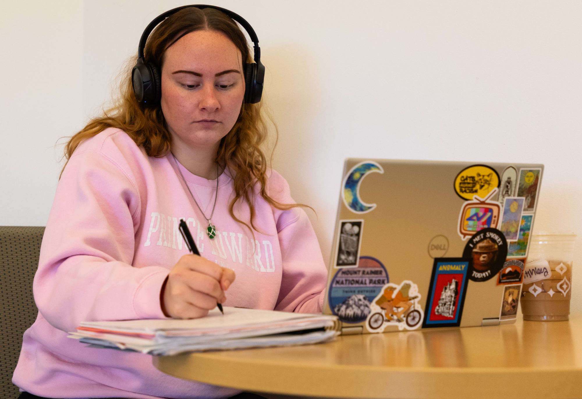 student studying with laptop and notebook