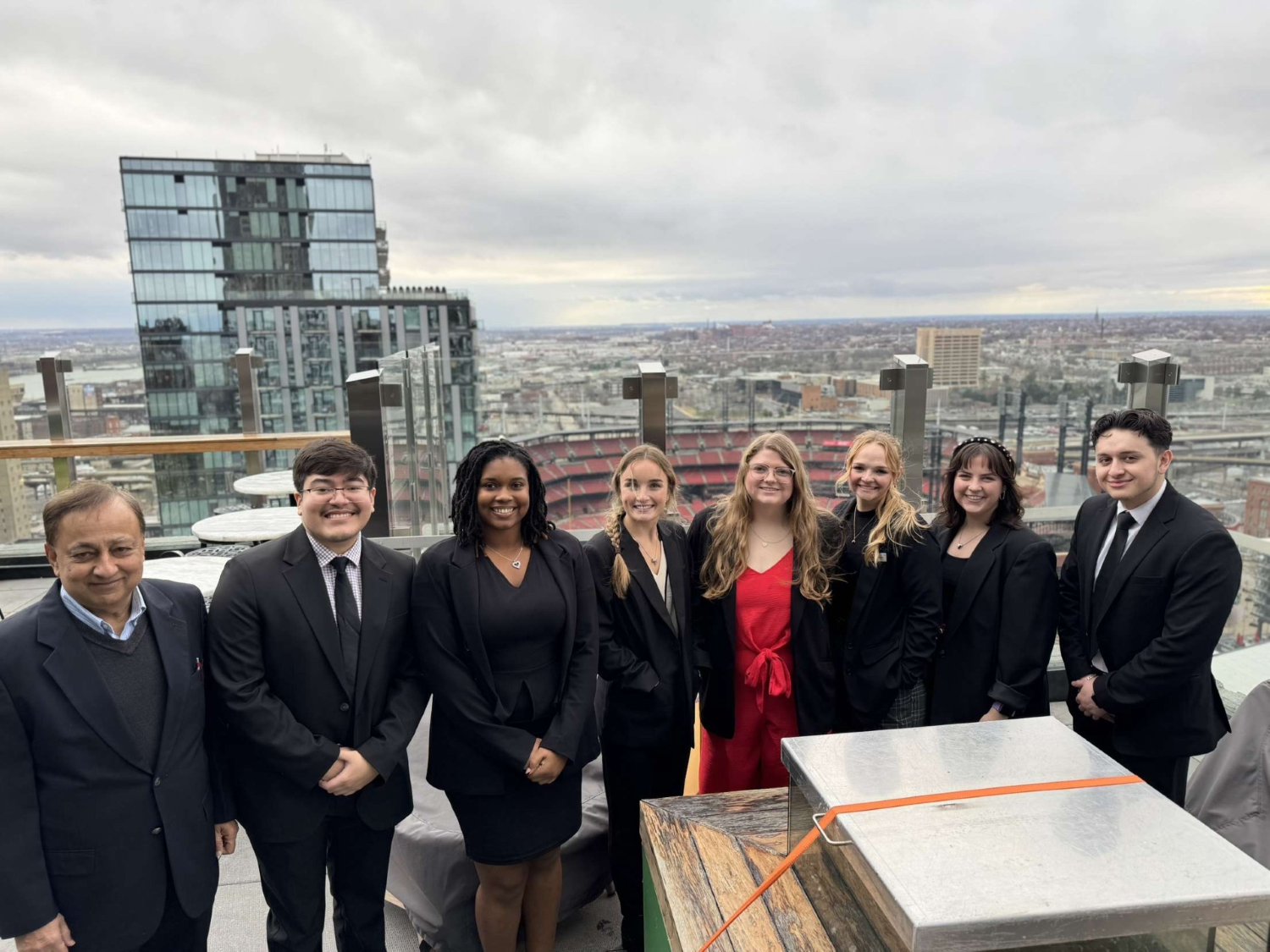 our externship group on the 360 Rooftop bar attached to the Hilton Ballpark Hotel