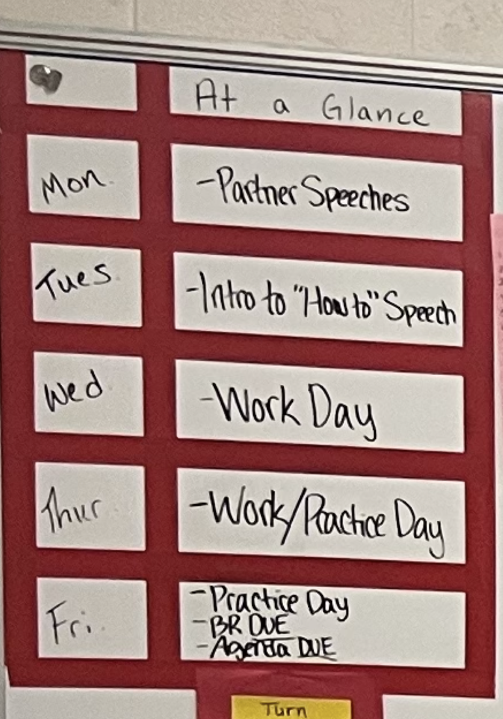 at a glance chart that is filled out weekly