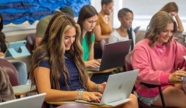 Students on laptops in class.